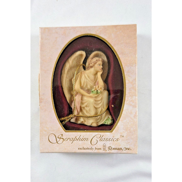 Vintage Seraphim Classic Angel Ornament by Roman • Sitting Angel With Flowers - Picture 1 of 4